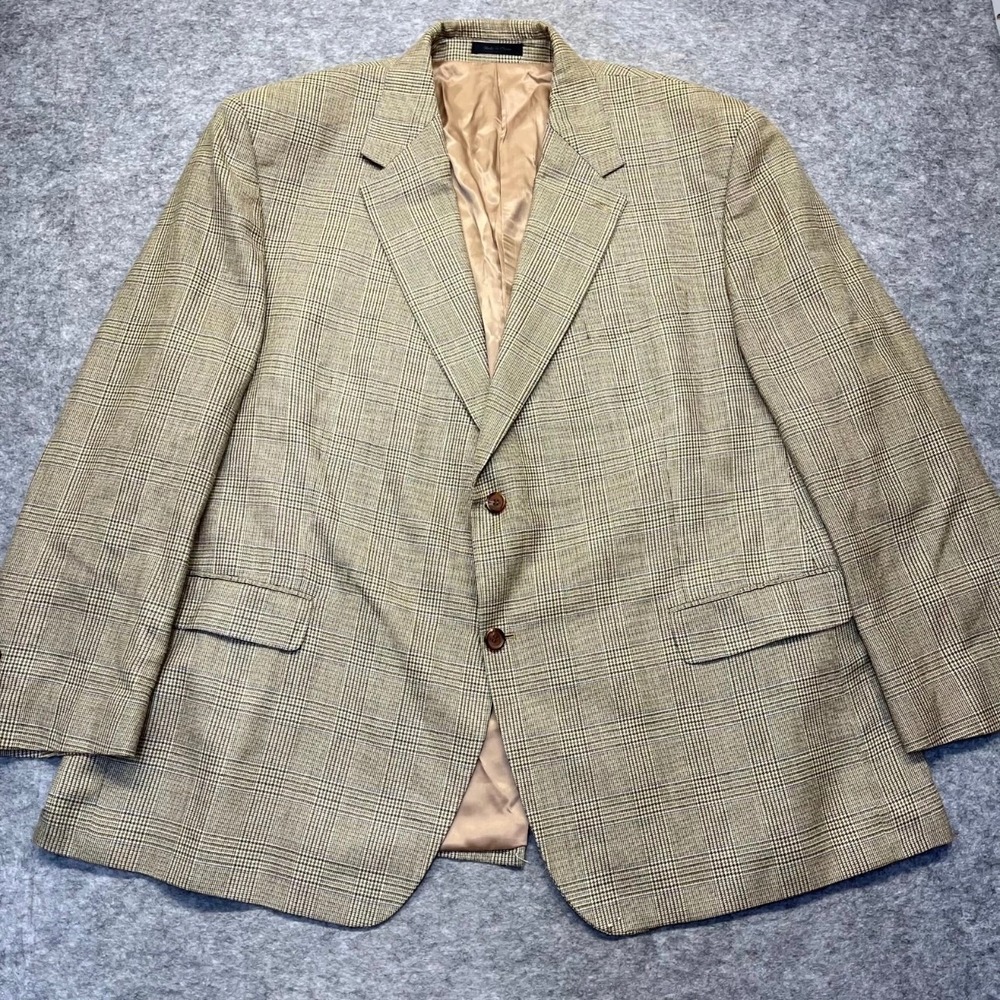 Lauren Ralph Lauren Sport Coat Mens 50 R Silk Wool Plaid Tan Brown Glen Check